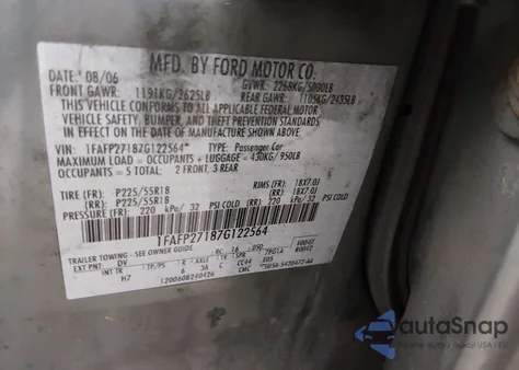 2007 Ford Five Hundred Sel from USA, damaged, VIN 1FAFP27187G122564